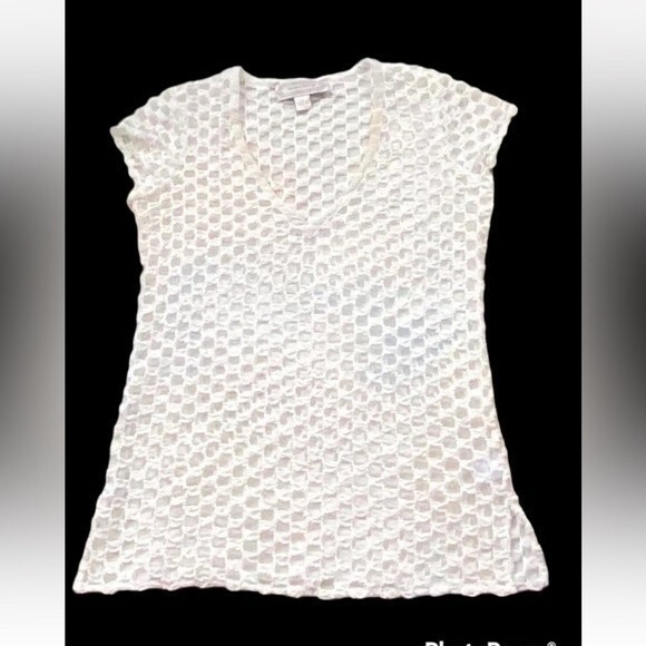beyond vintage silk polyester mesh top see through white size small short sleeve - Picture 2 of 12